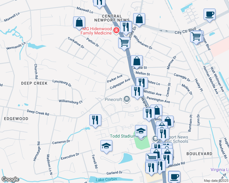 map of restaurants, bars, coffee shops, grocery stores, and more near 39 Deep Creek Road in Newport News
