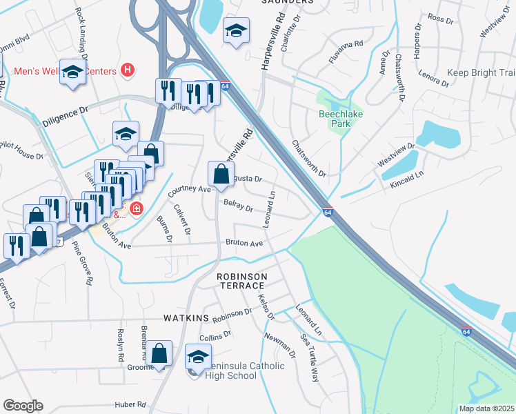 map of restaurants, bars, coffee shops, grocery stores, and more near 219 Belray Drive in Newport News