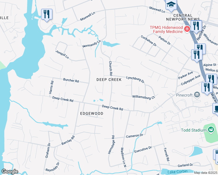map of restaurants, bars, coffee shops, grocery stores, and more near 24 Church Road in Newport News