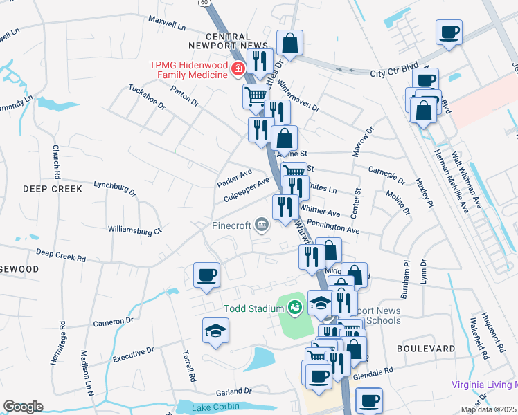 map of restaurants, bars, coffee shops, grocery stores, and more near 24 Deep Creek Road in Newport News