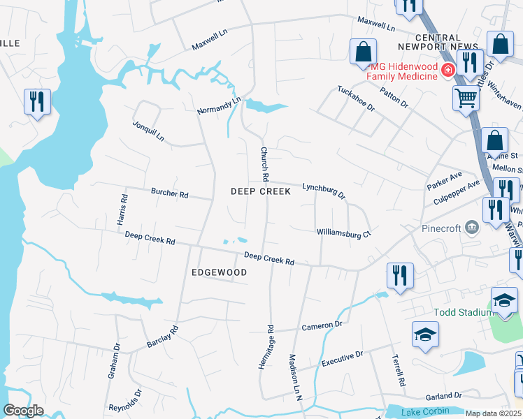 map of restaurants, bars, coffee shops, grocery stores, and more near 24 Church Road in Newport News