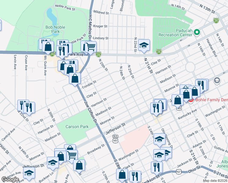 map of restaurants, bars, coffee shops, grocery stores, and more near 2536 Harrison Street in Paducah