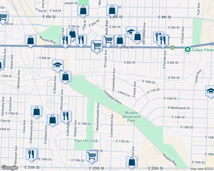map of restaurants, bars, coffee shops, grocery stores, and more near 1123 South Saint Louis Avenue in Joplin