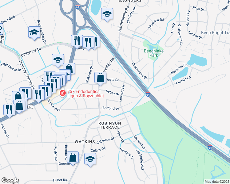 map of restaurants, bars, coffee shops, grocery stores, and more near 217 Belray Drive in Newport News