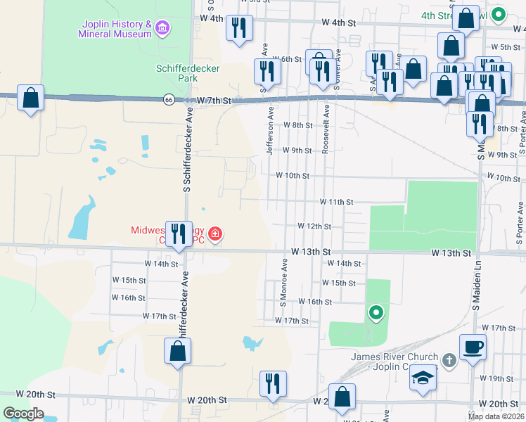 map of restaurants, bars, coffee shops, grocery stores, and more near 1110 Jefferson Avenue in Joplin