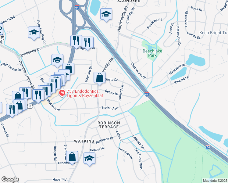 map of restaurants, bars, coffee shops, grocery stores, and more near 217 Belray Drive in Newport News