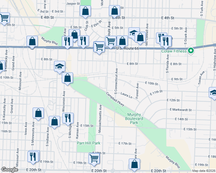 map of restaurants, bars, coffee shops, grocery stores, and more near 1105 South Saint Louis Avenue in Joplin