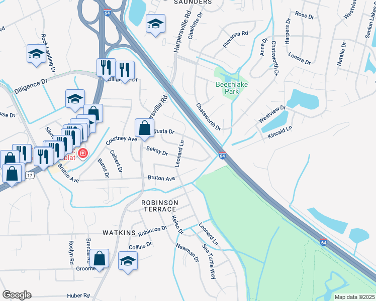 map of restaurants, bars, coffee shops, grocery stores, and more near 722 Leonard Lane in Newport News