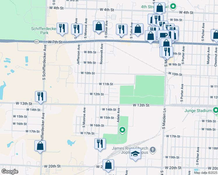 map of restaurants, bars, coffee shops, grocery stores, and more near 1931 West 11th Street in Joplin