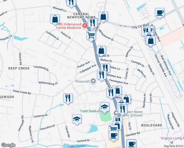 map of restaurants, bars, coffee shops, grocery stores, and more near 24 Deep Creek Road in Newport News