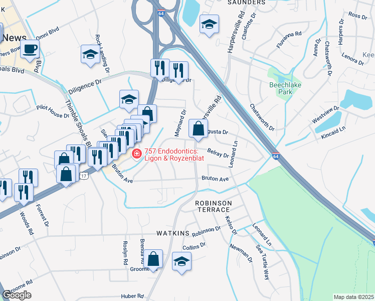 map of restaurants, bars, coffee shops, grocery stores, and more near 48 Courtney Avenue in Newport News