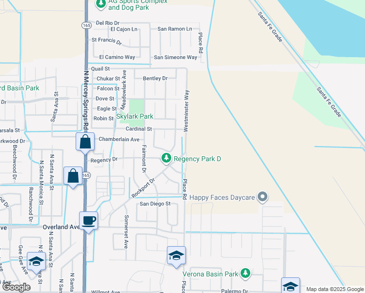 map of restaurants, bars, coffee shops, grocery stores, and more near 607 Westminster Way in Los Banos