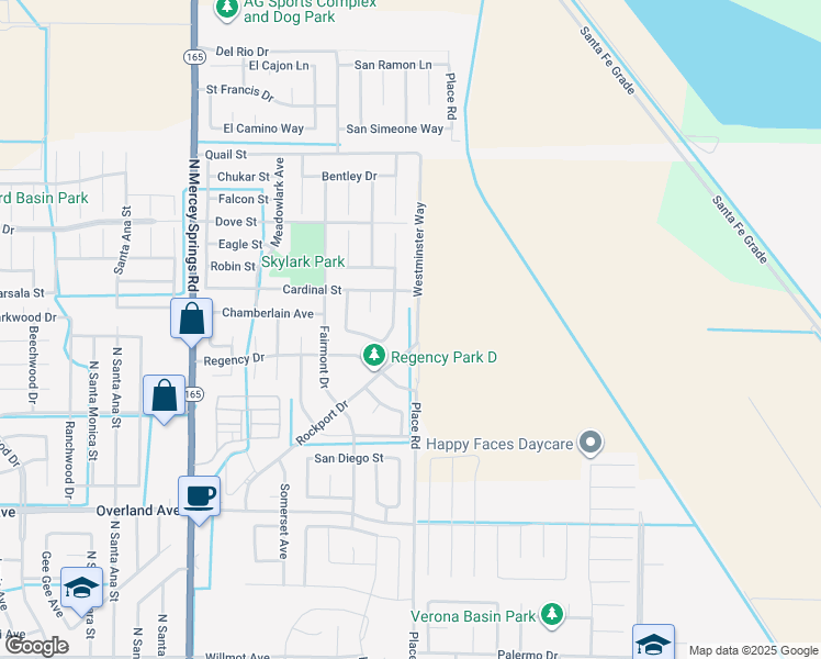 map of restaurants, bars, coffee shops, grocery stores, and more near 607 Westminster Way in Los Banos
