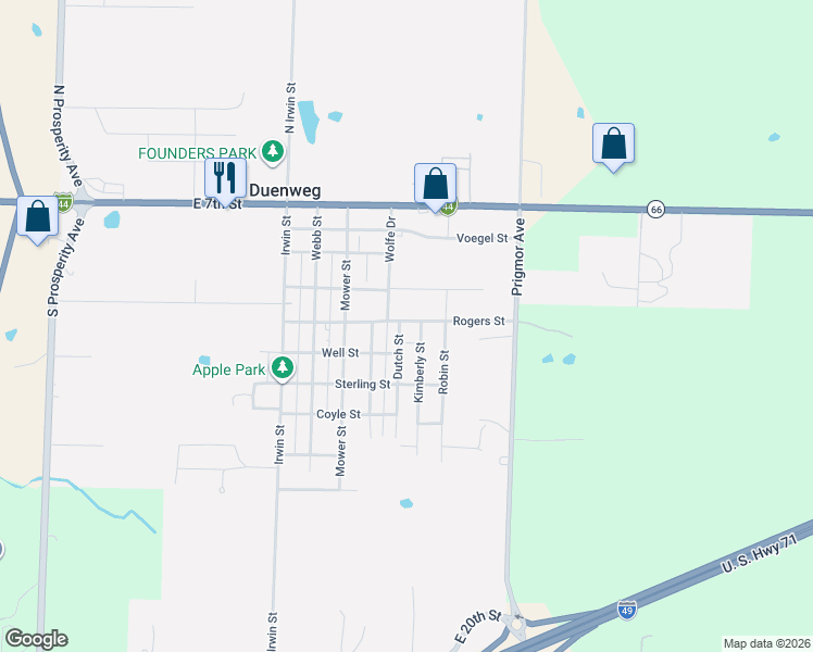map of restaurants, bars, coffee shops, grocery stores, and more near 501-599 Rogers St in Duenweg