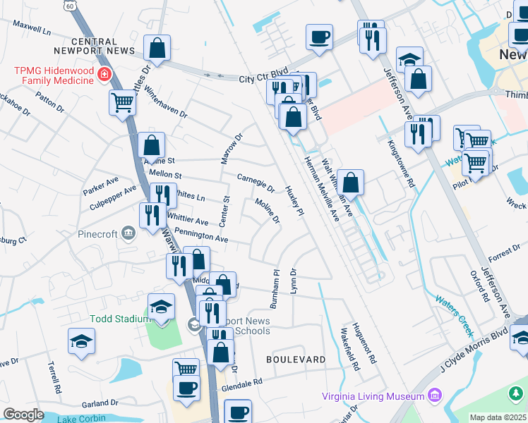 map of restaurants, bars, coffee shops, grocery stores, and more near 184 Carnegie Drive in Newport News