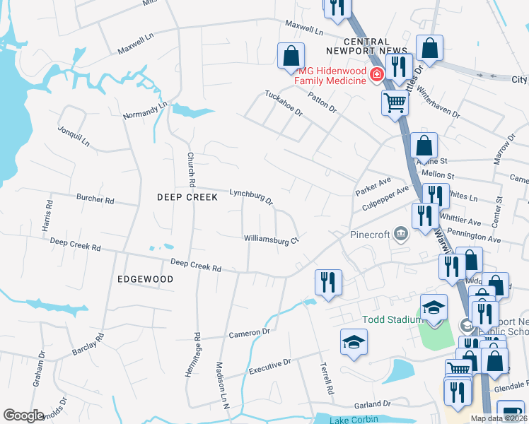 map of restaurants, bars, coffee shops, grocery stores, and more near 337 Lynchburg Drive in Newport News