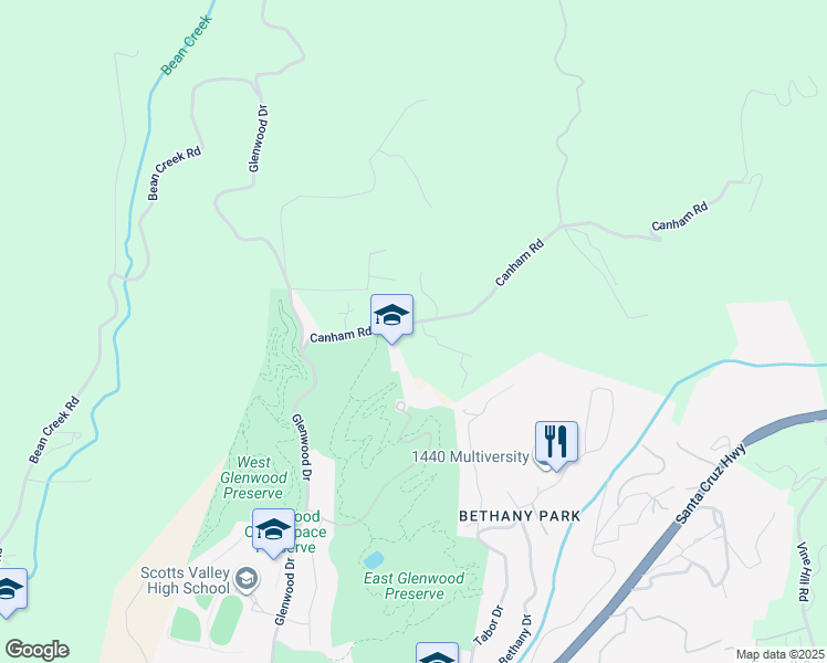 map of restaurants, bars, coffee shops, grocery stores, and more near 325 Canham Road in Scotts Valley