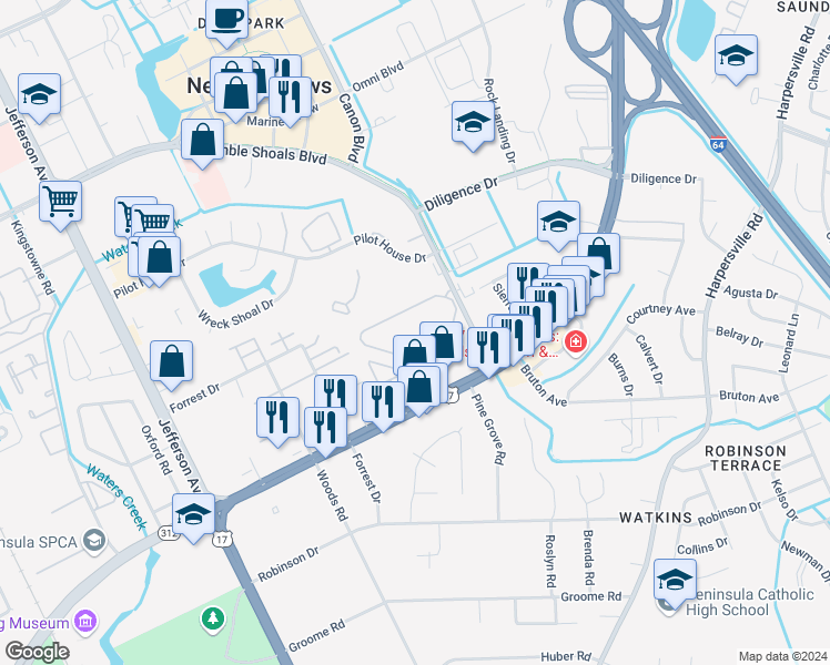map of restaurants, bars, coffee shops, grocery stores, and more near 1 Great Oak Circle in Newport News