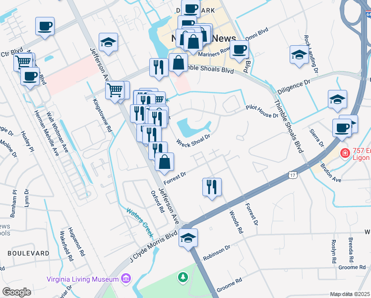 map of restaurants, bars, coffee shops, grocery stores, and more near 123 Wreck Shoal Drive in Newport News