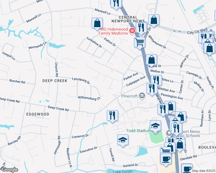 map of restaurants, bars, coffee shops, grocery stores, and more near 301 Ashland Court in Newport News