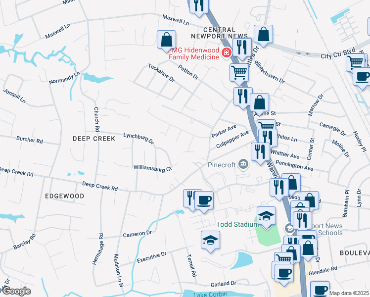 map of restaurants, bars, coffee shops, grocery stores, and more near 301 Ashland Court in Newport News