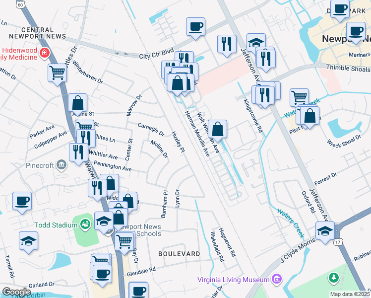map of restaurants, bars, coffee shops, grocery stores, and more near 89 Huxley Place in Newport News