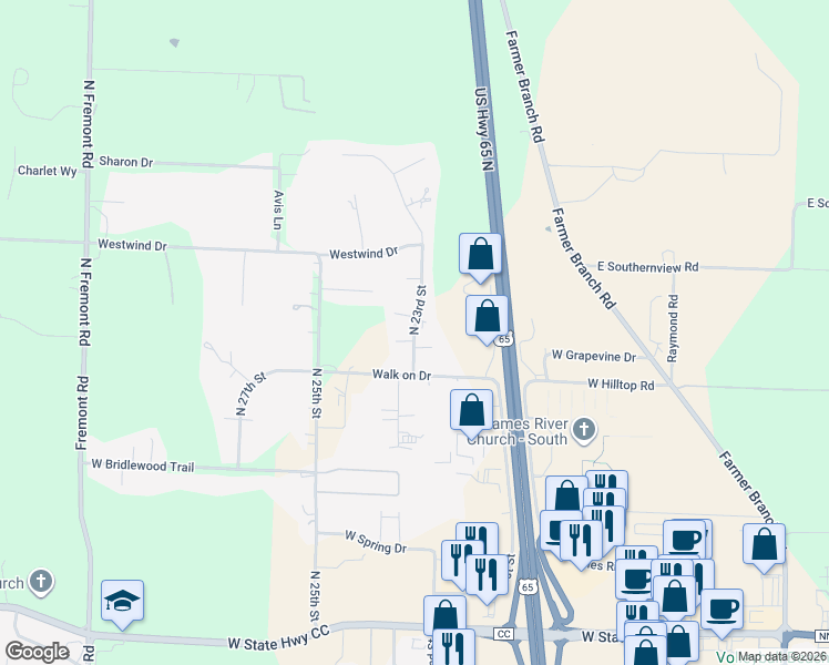map of restaurants, bars, coffee shops, grocery stores, and more near 2301-2309 Estes Drive in Ozark