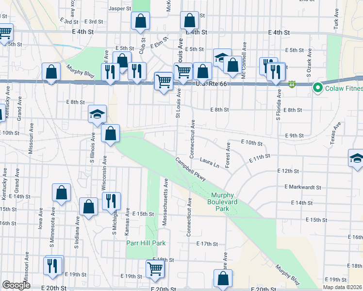 map of restaurants, bars, coffee shops, grocery stores, and more near 1807 Campbell Parkway in Joplin