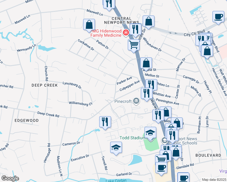 map of restaurants, bars, coffee shops, grocery stores, and more near 208 Turlington Road in Newport News
