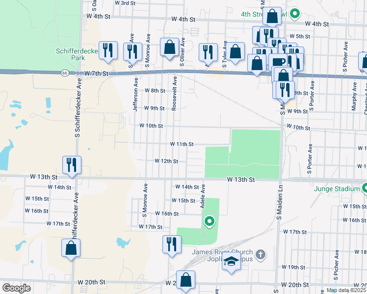 map of restaurants, bars, coffee shops, grocery stores, and more near 1019 Roosevelt Ave in Joplin