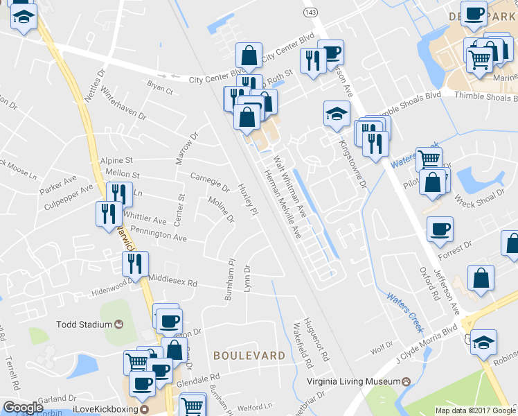 map of restaurants, bars, coffee shops, grocery stores, and more near 83 Huxley Place in Newport News