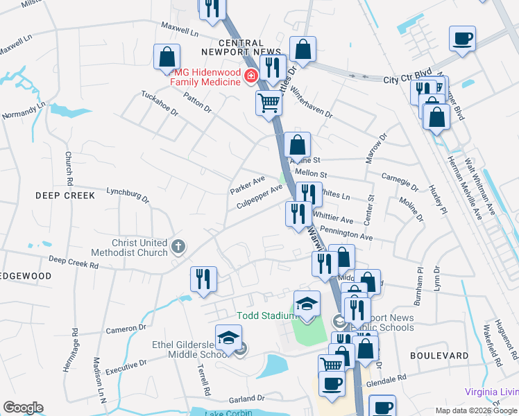 map of restaurants, bars, coffee shops, grocery stores, and more near 26 Culpepper Avenue in Newport News