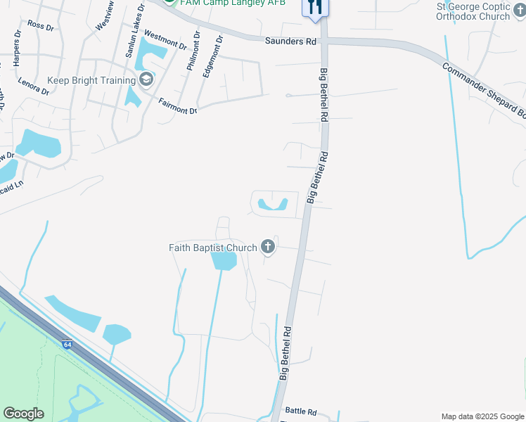 map of restaurants, bars, coffee shops, grocery stores, and more near 4 Longleaf Court in Hampton