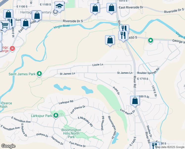 map of restaurants, bars, coffee shops, grocery stores, and more near 1070 Saint James Lane in St. George