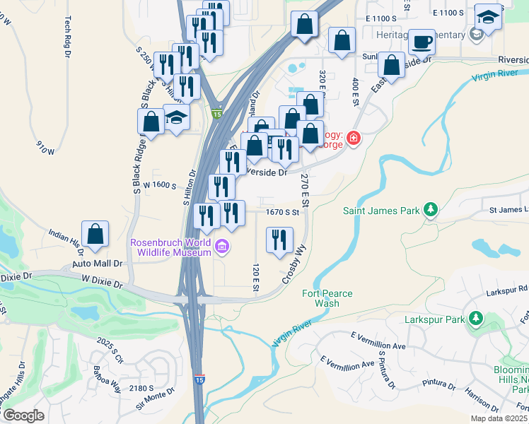 map of restaurants, bars, coffee shops, grocery stores, and more near East 1670 South in St. George