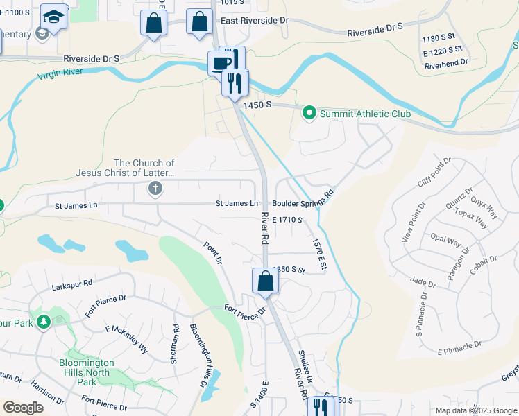 map of restaurants, bars, coffee shops, grocery stores, and more near 1394 Saint James Lane in St. George