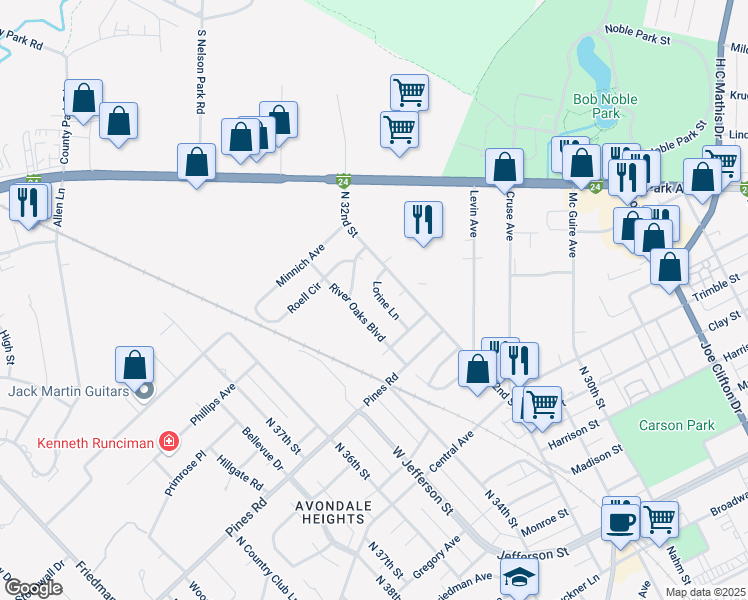 map of restaurants, bars, coffee shops, grocery stores, and more near 3225 Lorine Lane in Paducah