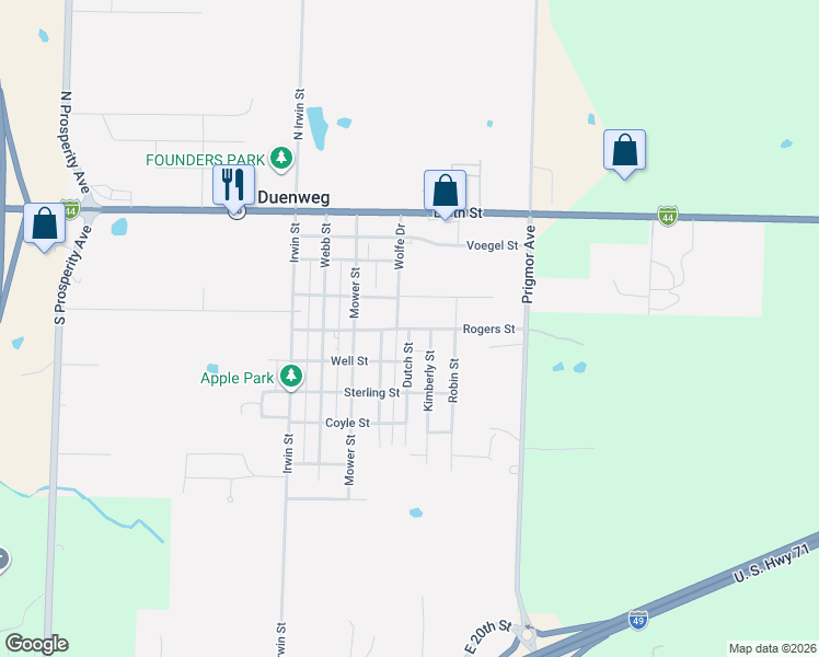 map of restaurants, bars, coffee shops, grocery stores, and more near 501 Rogers Street in Duenweg