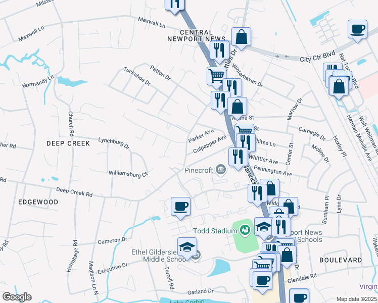 map of restaurants, bars, coffee shops, grocery stores, and more near 215 Turlington Road in Newport News