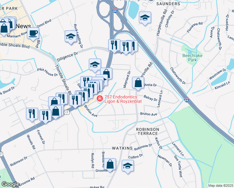 map of restaurants, bars, coffee shops, grocery stores, and more near 30 Courtney Avenue in Newport News