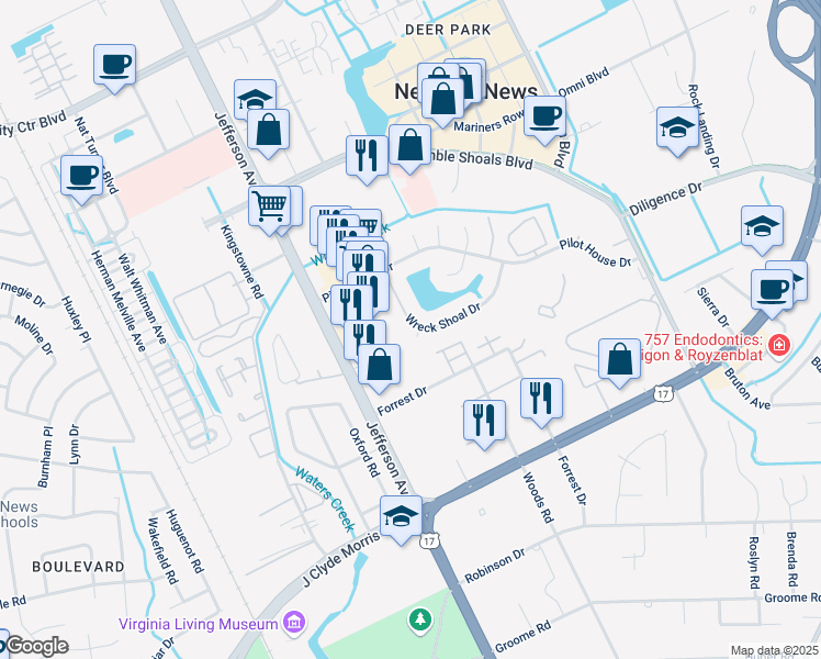 map of restaurants, bars, coffee shops, grocery stores, and more near 122 Wreck Shoal Drive in Newport News