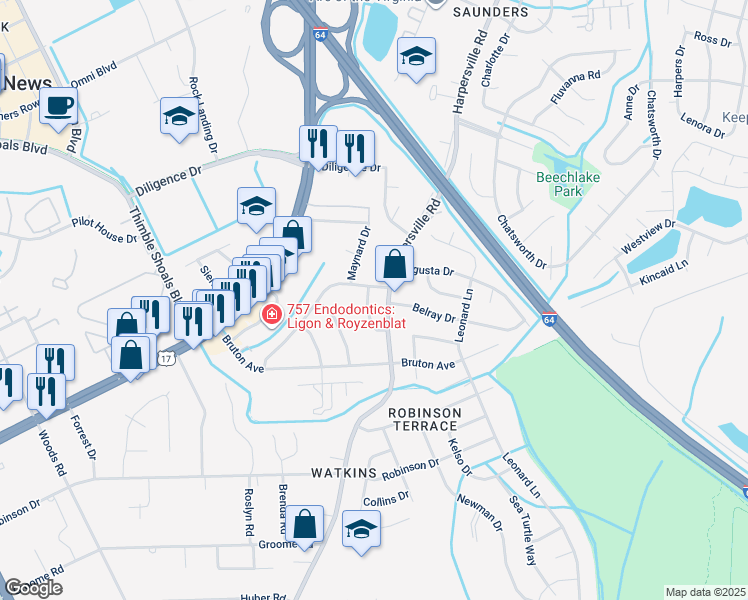 map of restaurants, bars, coffee shops, grocery stores, and more near 48 Courtney Avenue in Newport News