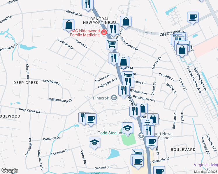 map of restaurants, bars, coffee shops, grocery stores, and more near 26 Culpepper Avenue in Newport News