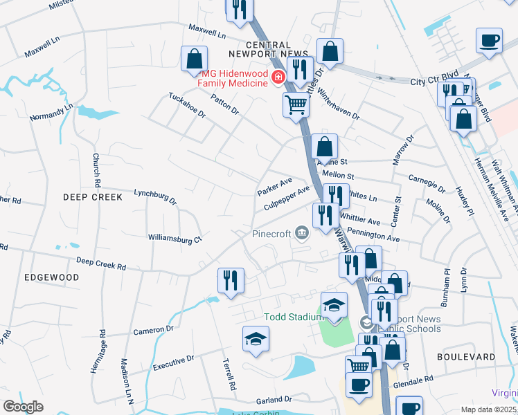 map of restaurants, bars, coffee shops, grocery stores, and more near 215 Turlington Road in Newport News