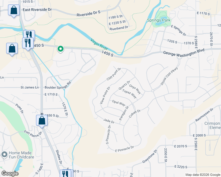 map of restaurants, bars, coffee shops, grocery stores, and more near 1673 View Point Drive in St. George