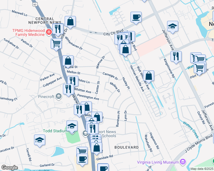 map of restaurants, bars, coffee shops, grocery stores, and more near 132 Edmond Drive in Newport News