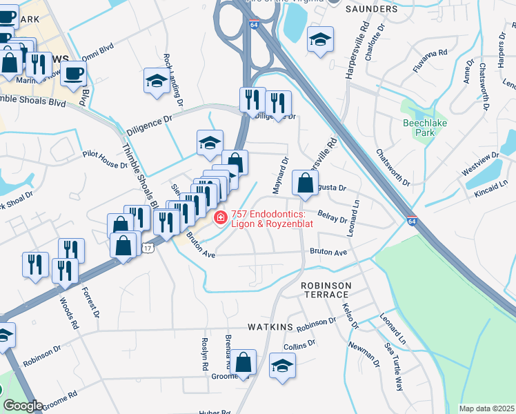 map of restaurants, bars, coffee shops, grocery stores, and more near 30 Courtney Avenue in Newport News