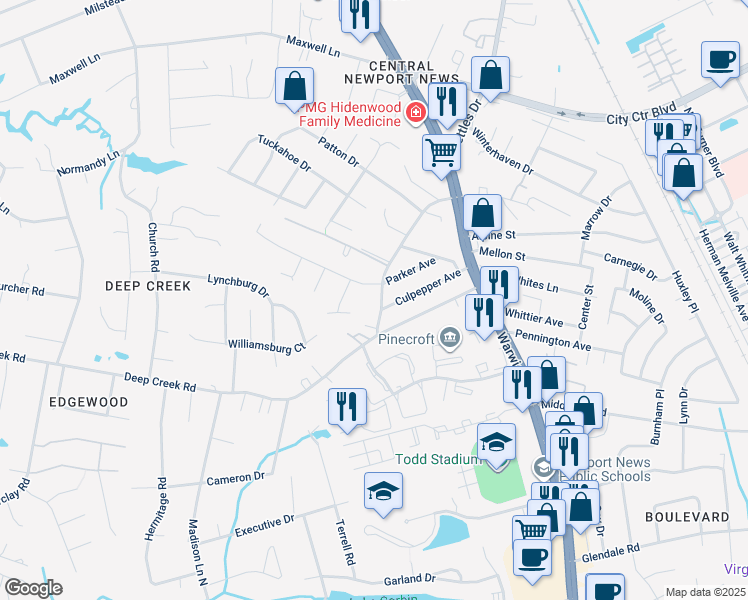 map of restaurants, bars, coffee shops, grocery stores, and more near 206 Turlington Road in Newport News