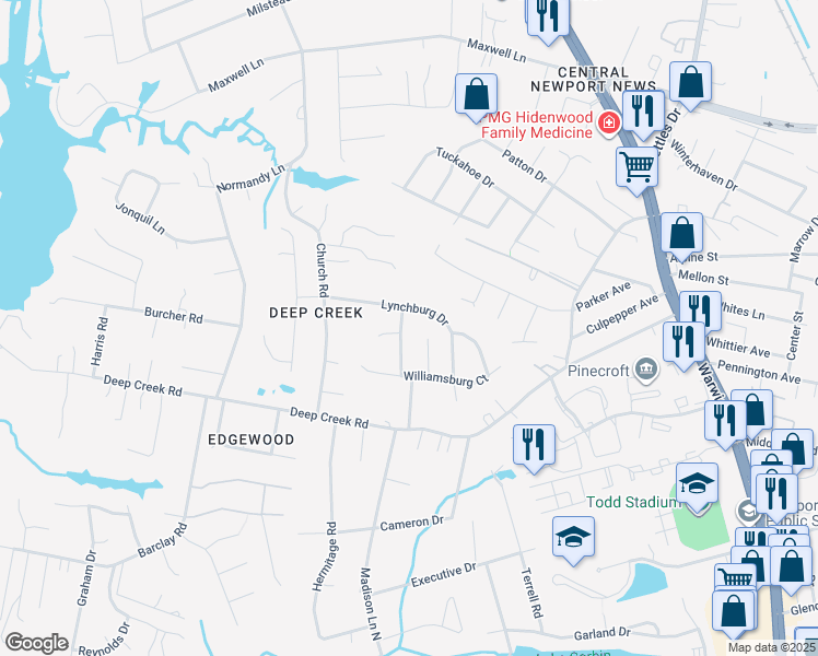 map of restaurants, bars, coffee shops, grocery stores, and more near 326 Lynchburg Drive in Newport News