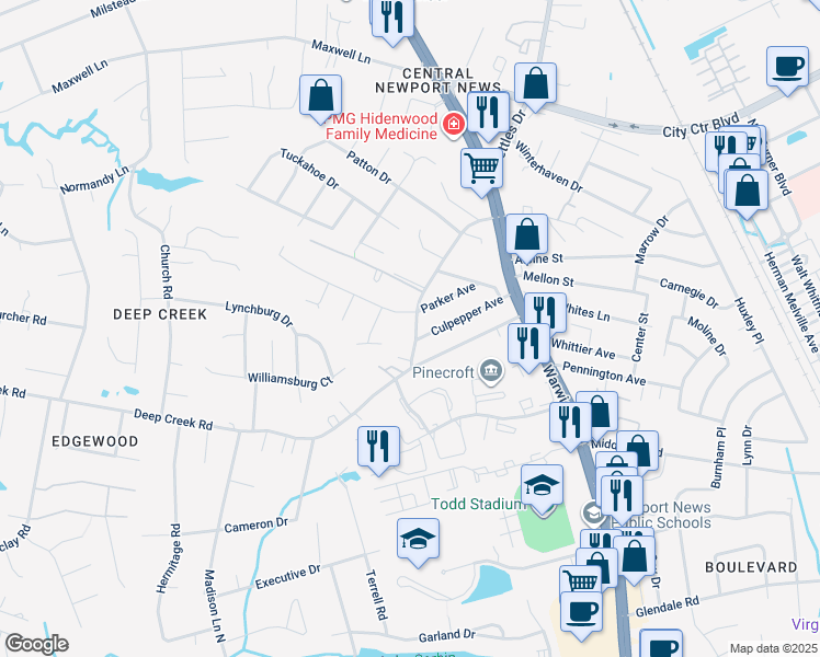 map of restaurants, bars, coffee shops, grocery stores, and more near 206 Turlington Road in Newport News